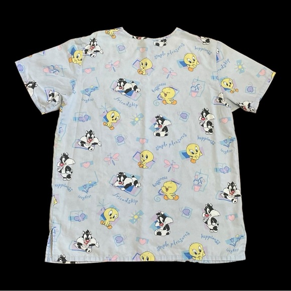 Vintage Tweety Bird Baby Looney Tunes All Over Women's Sz XL V-Neck Scrub Top - Picture 7 of 7